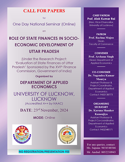 CALL FOR PAPERS for One Day National Seminar (Online) on ROLE OF STATE FINANCES IN SOCIOECONOMIC DEVELOPMENT OF UTTAR PRADESH