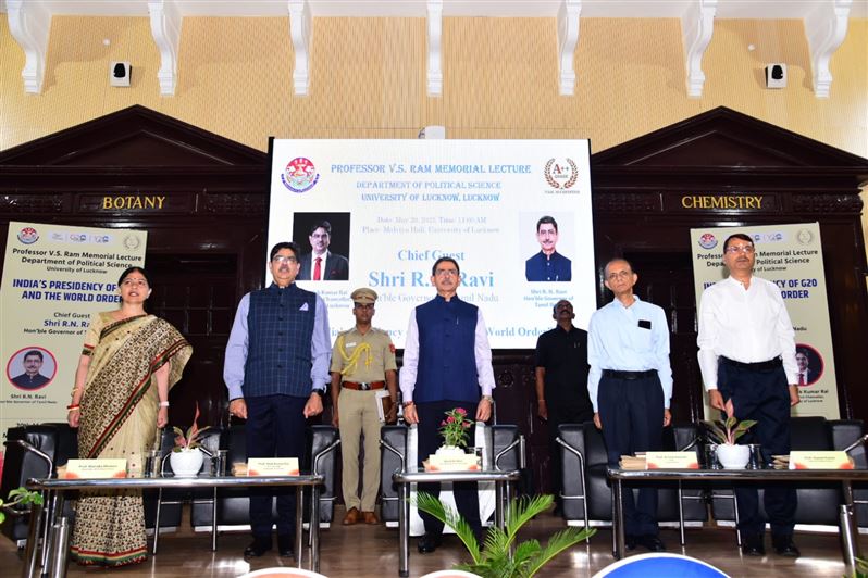 Glimpses of &quot;Prof. V.S. Ram Memorial Lecture&quot;. Organized by the Department of Political Science, University of Lucknow on 20th May, 2023. The Chief guest was His Excellency Mr. R.N. Ravi, Hon&apos;ble Governor, Tamil Nadu. Prof. Alok Kumar Rai, Hon&apos;ble Vice Ch