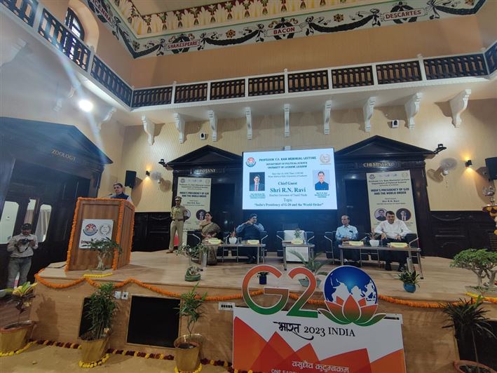 Glimpses of &quot;Prof. V.S. Ram Memorial Lecture&quot;. Organized by the Department of Political Science, University of Lucknow on 20th May, 2023. The Chief guest was His Excellency Mr. R.N. Ravi, Hon&apos;ble Governor, Tamil Nadu. Prof. Alok Kumar Rai, Hon&apos;ble Vice Ch