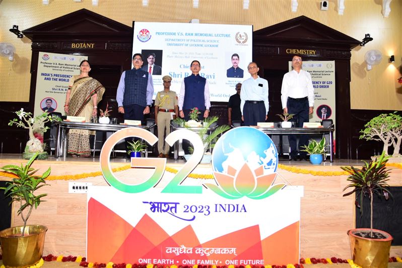 Glimpses of &quot;Prof. V.S. Ram Memorial Lecture&quot;. Organized by the Department of Political Science, University of Lucknow on 20th May, 2023. The Chief guest was His Excellency Mr. R.N. Ravi, Hon&apos;ble Governor, Tamil Nadu. Prof. Alok Kumar Rai, Hon&apos;ble Vice Ch