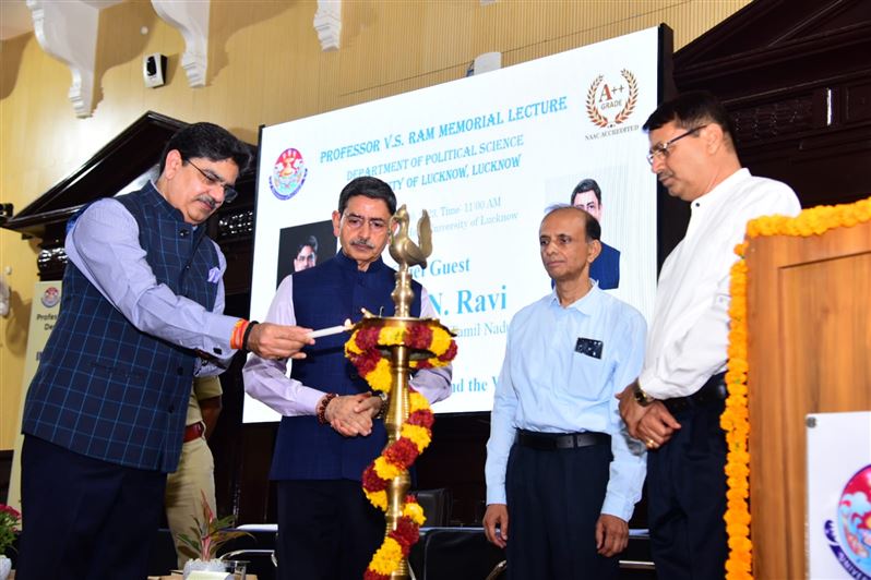 Glimpses of &quot;Prof. V.S. Ram Memorial Lecture&quot;. Organized by the Department of Political Science, University of Lucknow on 20th May, 2023. The Chief guest was His Excellency Mr. R.N. Ravi, Hon&apos;ble Governor, Tamil Nadu. Prof. Alok Kumar Rai, Hon&apos;ble Vice Ch