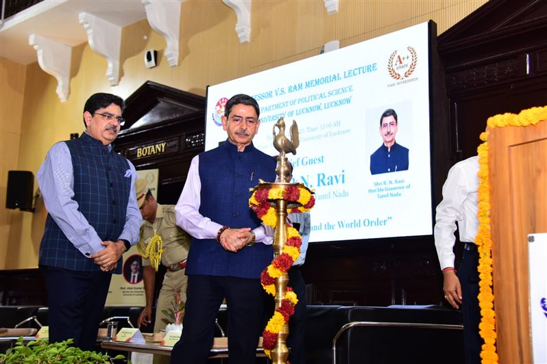 Glimpses of &quot;Prof. V.S. Ram Memorial Lecture&quot;. Organized by the Department of Political Science, University of Lucknow on 20th May, 2023. The Chief guest was His Excellency Mr. R.N. Ravi, Hon&apos;ble Governor, Tamil Nadu. Prof. Alok Kumar Rai, Hon&apos;ble Vice Ch