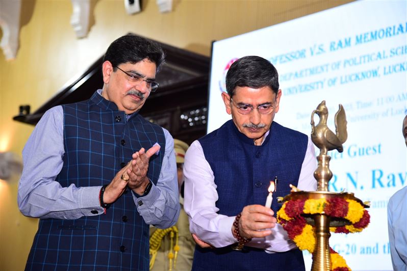 Glimpses of &quot;Prof. V.S. Ram Memorial Lecture&quot;. Organized by the Department of Political Science, University of Lucknow on 20th May, 2023. The Chief guest was His Excellency Mr. R.N. Ravi, Hon&apos;ble Governor, Tamil Nadu. Prof. Alok Kumar Rai, Hon&apos;ble Vice Ch