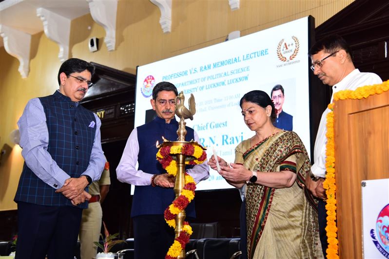 Glimpses of &quot;Prof. V.S. Ram Memorial Lecture&quot;. Organized by the Department of Political Science, University of Lucknow on 20th May, 2023. The Chief guest was His Excellency Mr. R.N. Ravi, Hon&apos;ble Governor, Tamil Nadu. Prof. Alok Kumar Rai, Hon&apos;ble Vice Ch