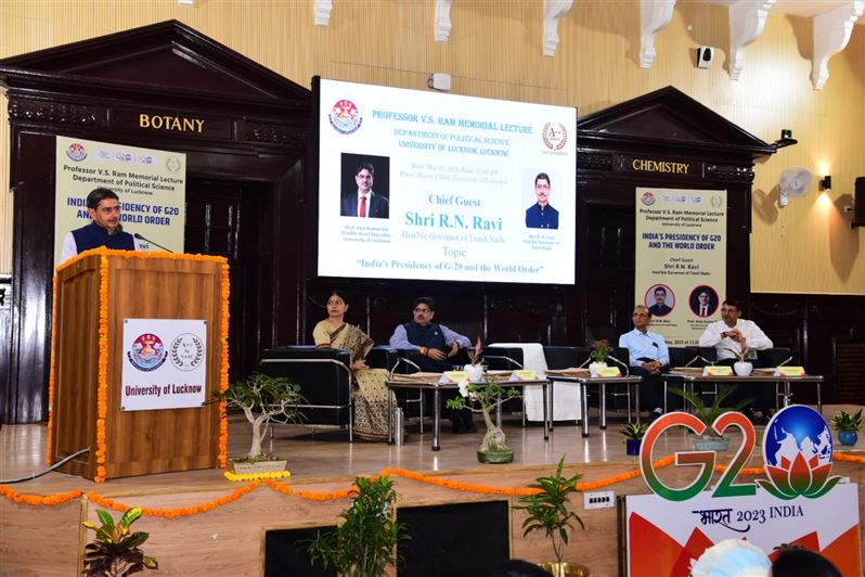 Glimpses of &quot;Prof. V.S. Ram Memorial Lecture&quot;. Organized by the Department of Political Science, University of Lucknow on 20th May, 2023. The Chief guest was His Excellency Mr. R.N. Ravi, Hon&apos;ble Governor, Tamil Nadu. Prof. Alok Kumar Rai, Hon&apos;ble Vice Ch