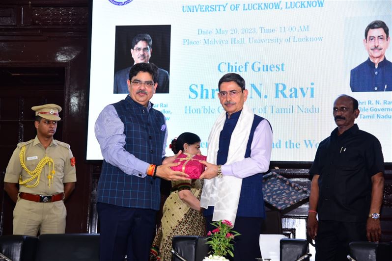 Glimpses of &quot;Prof. V.S. Ram Memorial Lecture&quot;. Organized by the Department of Political Science, University of Lucknow on 20th May, 2023. The Chief guest was His Excellency Mr. R.N. Ravi, Hon&apos;ble Governor, Tamil Nadu. Prof. Alok Kumar Rai, Hon&apos;ble Vice Ch