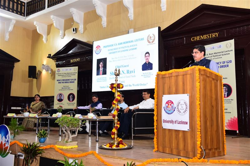 Glimpses of &quot;Prof. V.S. Ram Memorial Lecture&quot;. Organized by the Department of Political Science, University of Lucknow on 20th May, 2023. The Chief guest was His Excellency Mr. R.N. Ravi, Hon&apos;ble Governor, Tamil Nadu. Prof. Alok Kumar Rai, Hon&apos;ble Vice Ch