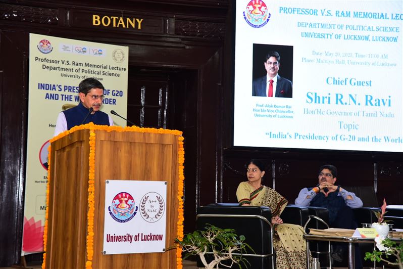 Glimpses of &quot;Prof. V.S. Ram Memorial Lecture&quot;. Organized by the Department of Political Science, University of Lucknow on 20th May, 2023. The Chief guest was His Excellency Mr. R.N. Ravi, Hon&apos;ble Governor, Tamil Nadu. Prof. Alok Kumar Rai, Hon&apos;ble Vice Ch